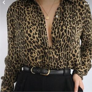 Lauren Ralph 100% Silk Leopard Print Button Down Shirt - Brown and Black